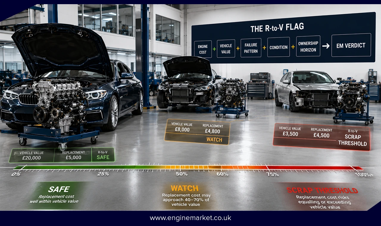 Comparison of three engine EM Verdict examples: BMW N47D20C (Watch), Land Rover 306DT (Safe), and Ford DV6 1.6 TDCi (Scrap Threshold), showing replacement cost versus vehicle value.